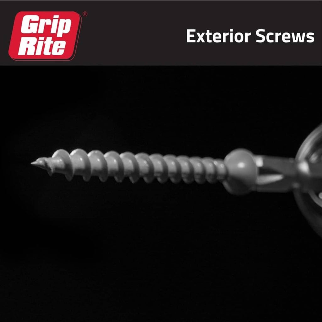 Close-up of gray #2 Phillips exterior screw with drive bit and sharp point.