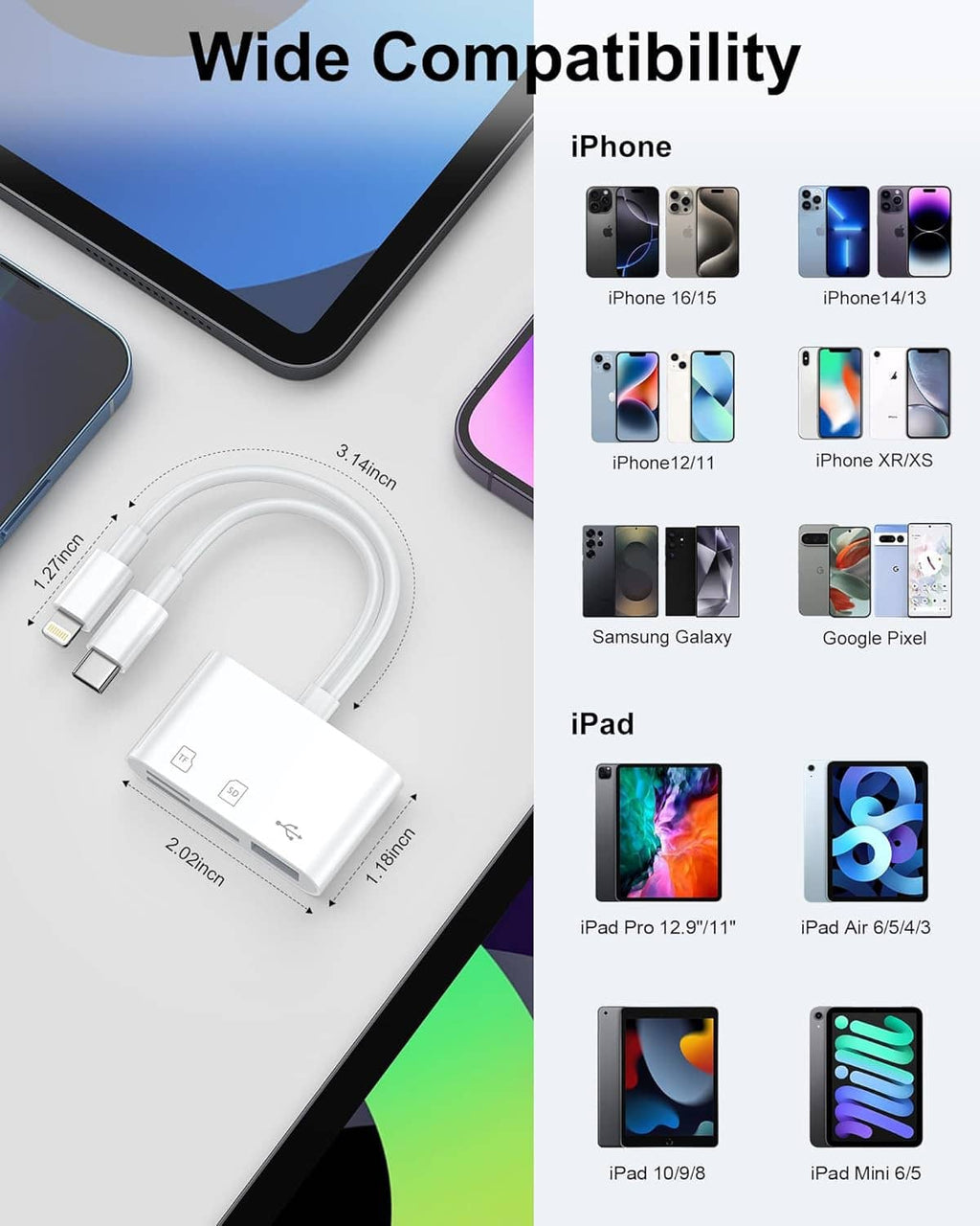 White SD card reader with attached USB cable and dual connector tips for phones.
