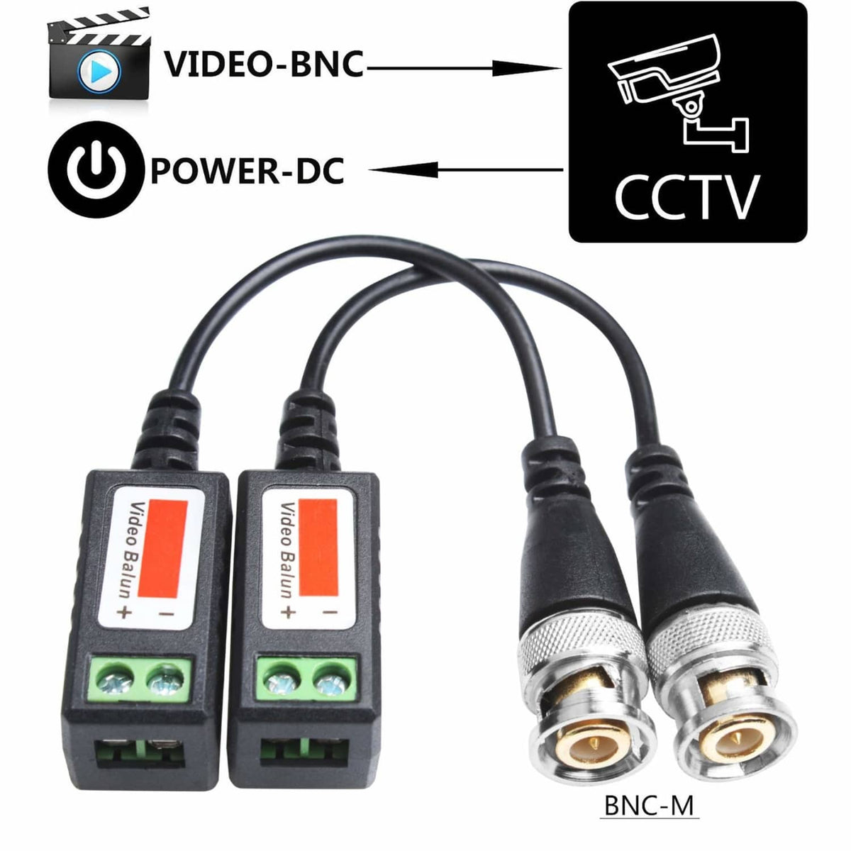 Close-up: passive balun transceivers with BNC-M coax connectors and green terminal ports