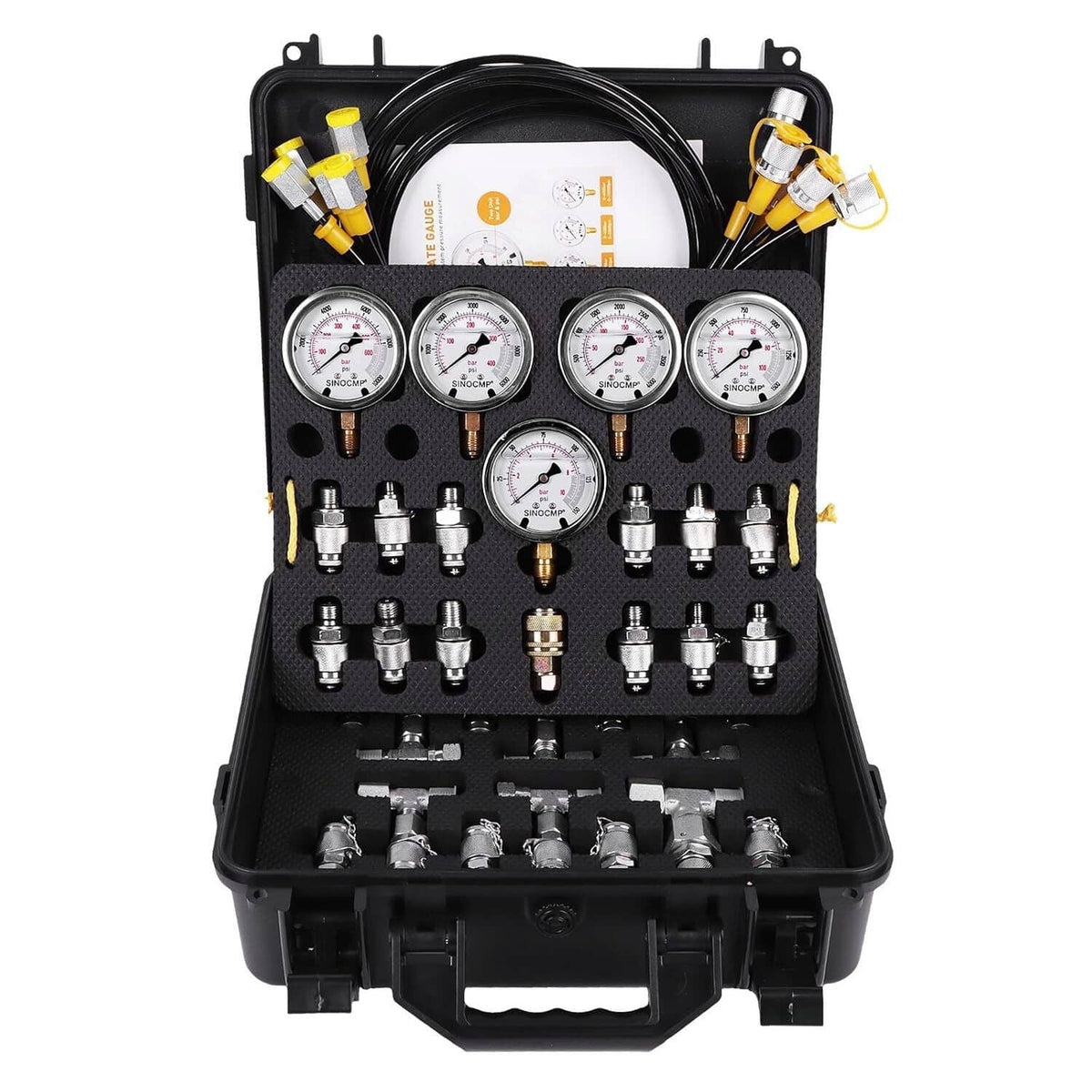 Hydraulic pressure test kit open with five pressure gauges and row of connector fittings