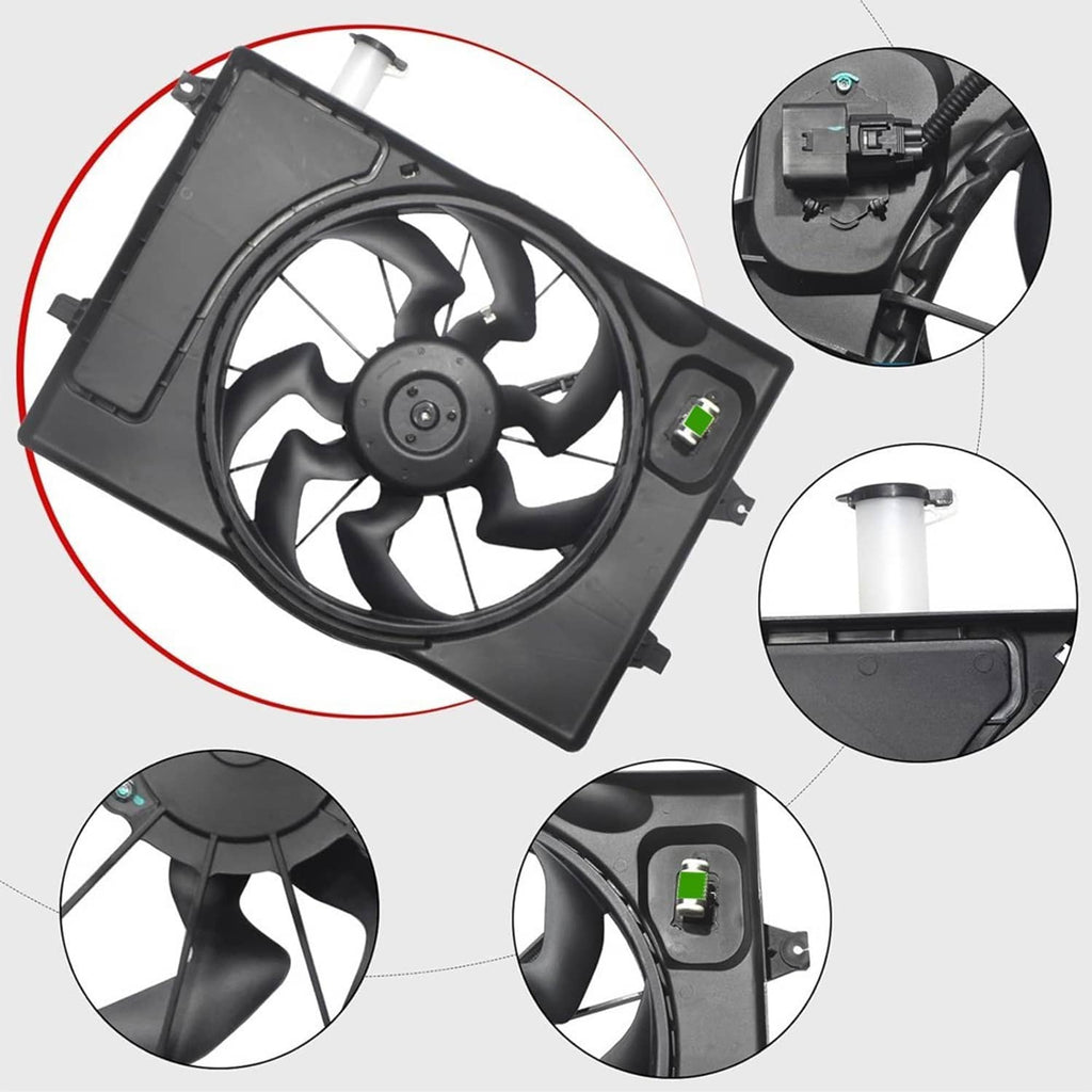 Radiator cooling fan assembly with black housing and visible green electrical terminal