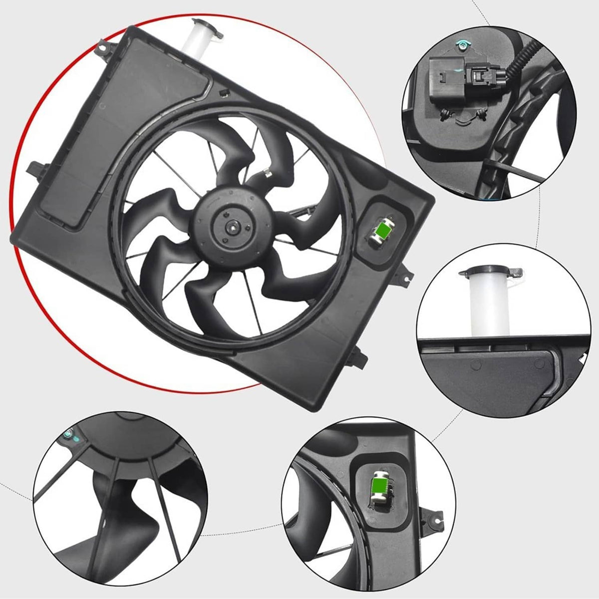 Radiator cooling fan assembly with black housing and visible green electrical terminal