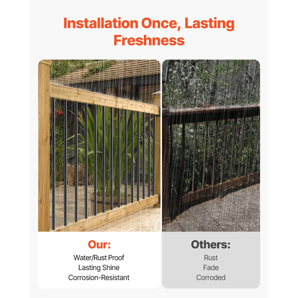 Black aluminum baluster railing with water- and rust-resistant finish