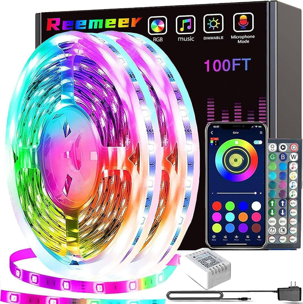 Multicolor RGB LED light strip kit with controller, remote, and 100ft reel