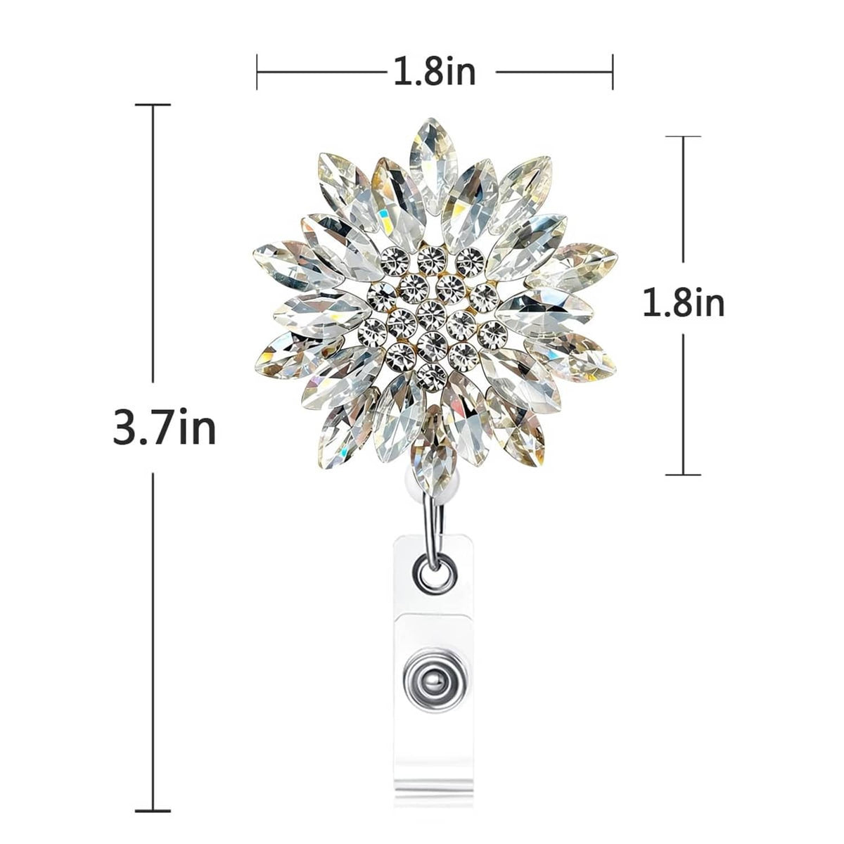 Silver retractable badge reel with crystal flower charm, ID badge clip
