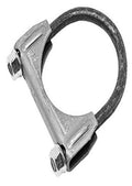 Exhaust clamp with black rubber seal, silver U-bracket, and two mounting bolts