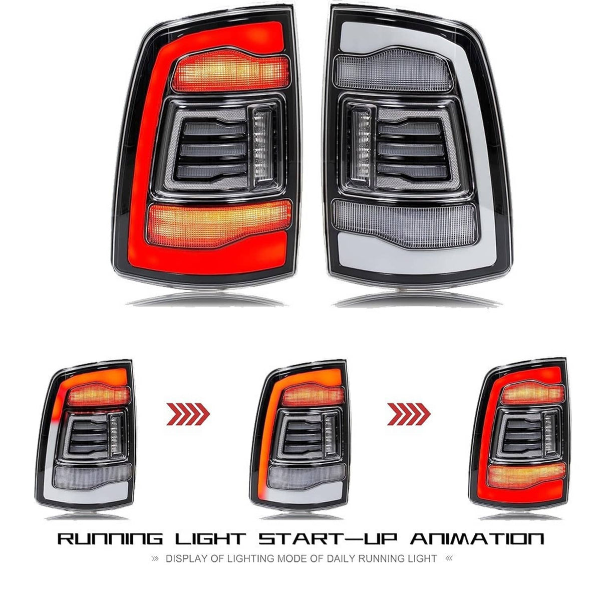 Pair LED tail lights with red and clear lenses, black housing and internal rectangular LED modules