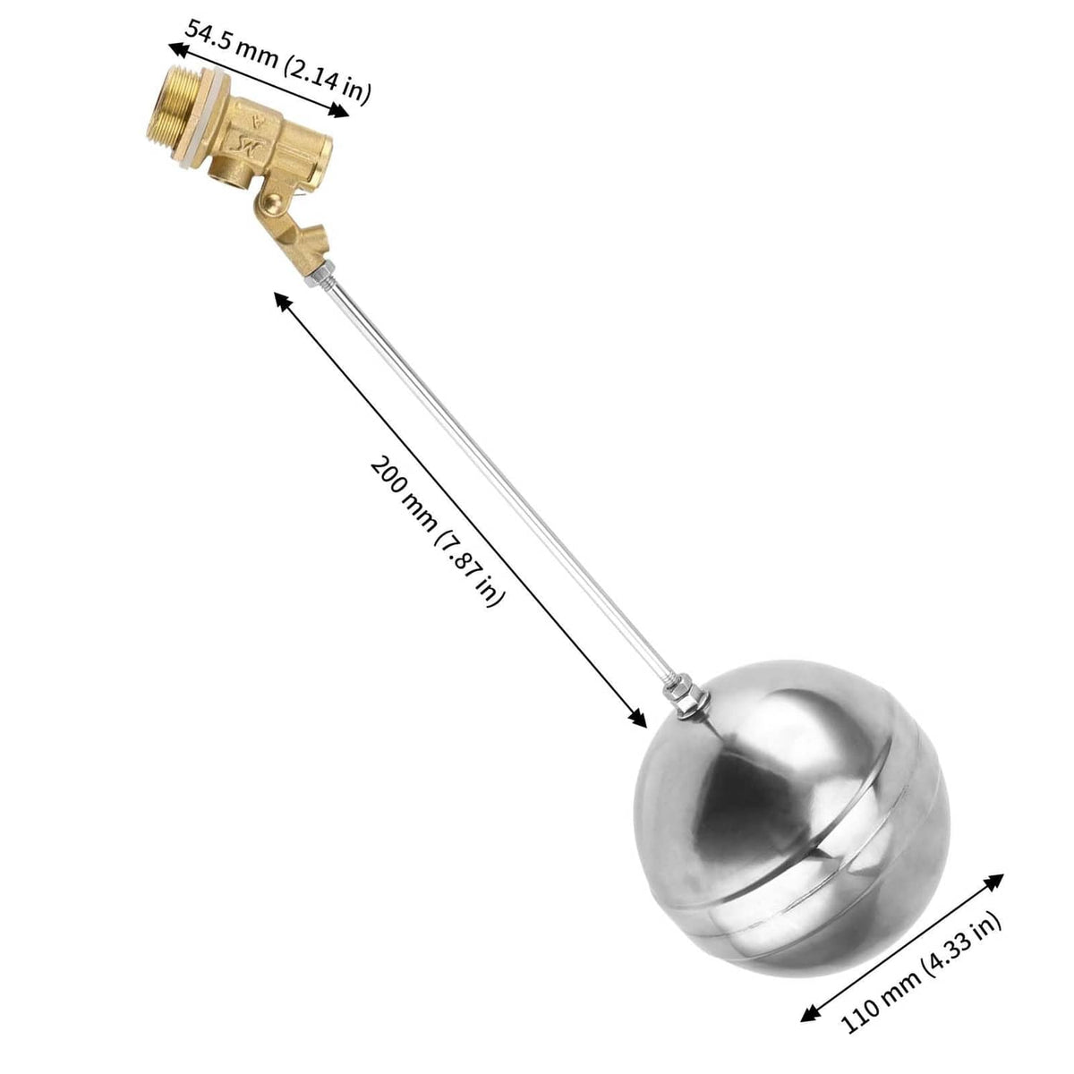 Stainless steel float ball valve with extended rod and 110 mm ball size