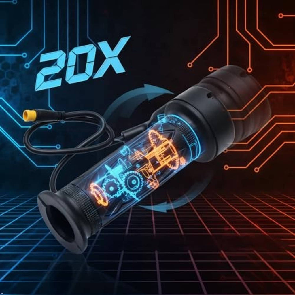 Black full-twist throttle grip with cable, featuring internal mechanism graphic