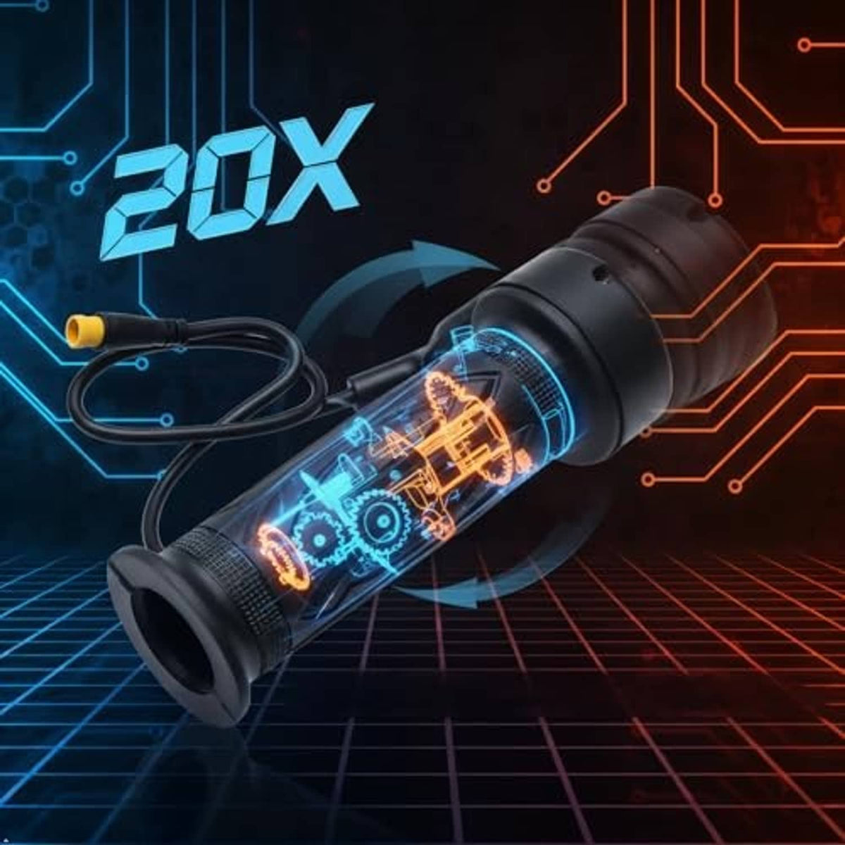 Black full-twist throttle grip with cable, featuring internal mechanism graphic