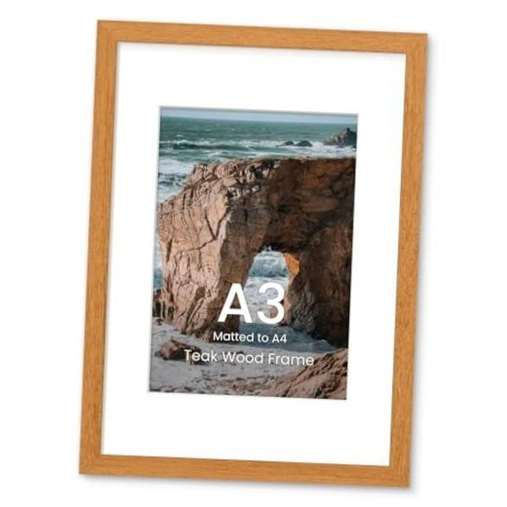 Teak wood A3 picture frame with white mat, front view