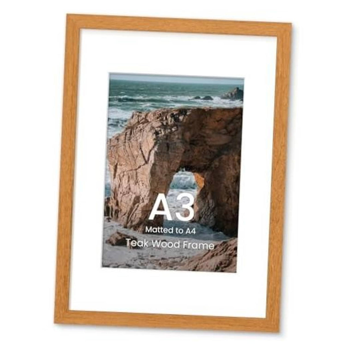 Teak wood A3 picture frame with white mat, front view