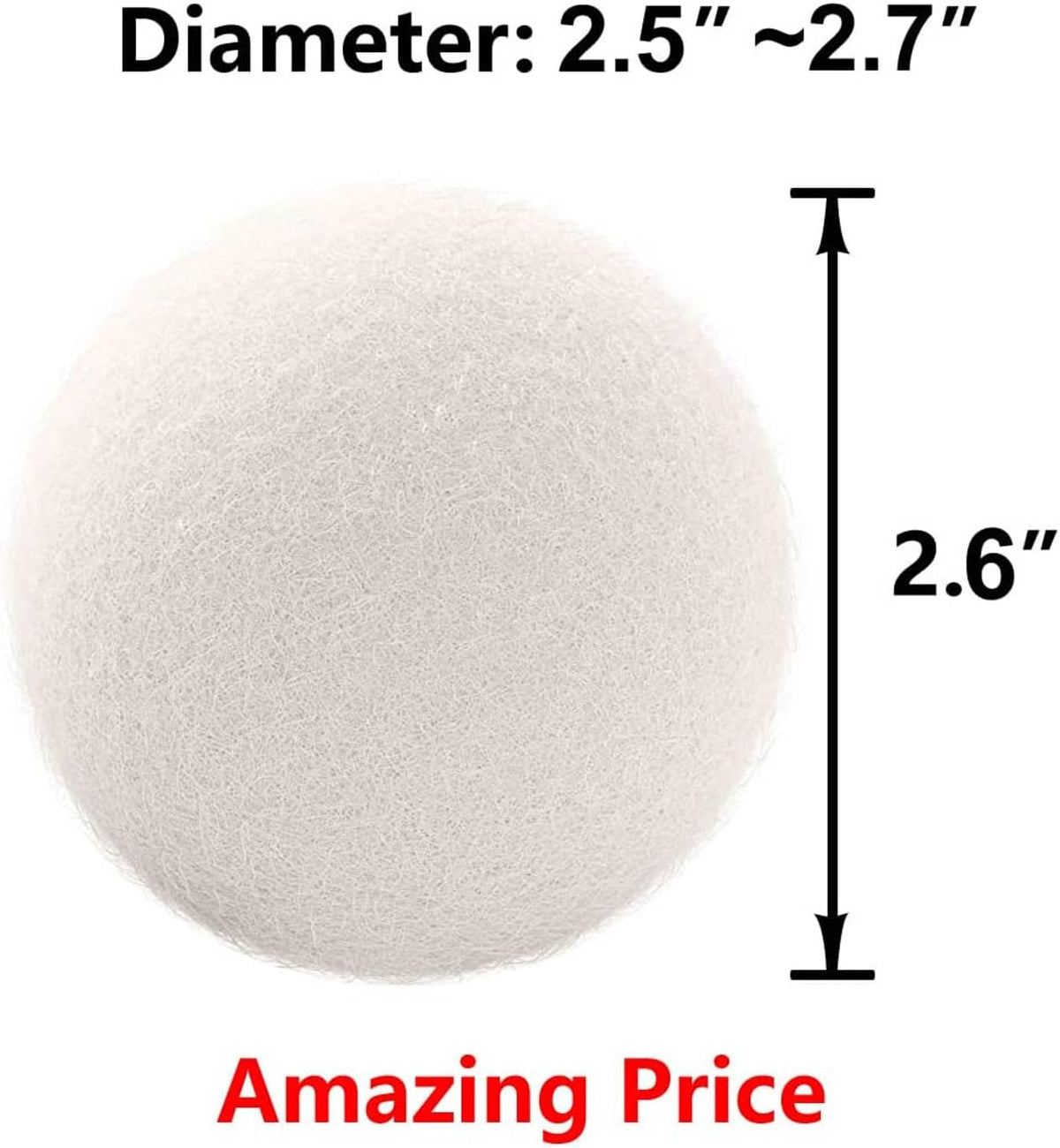 Beige wool dryer ball close-up with size marker, about 2.6 in diameter