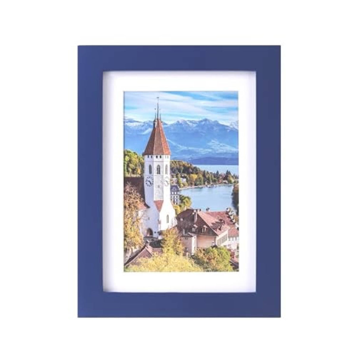 Dark blue solid wood photo frame with white mat and landscape photo
