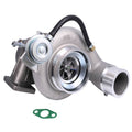 Turbocharger assembly with compressor housing, outlet pipe, and black rubber hose