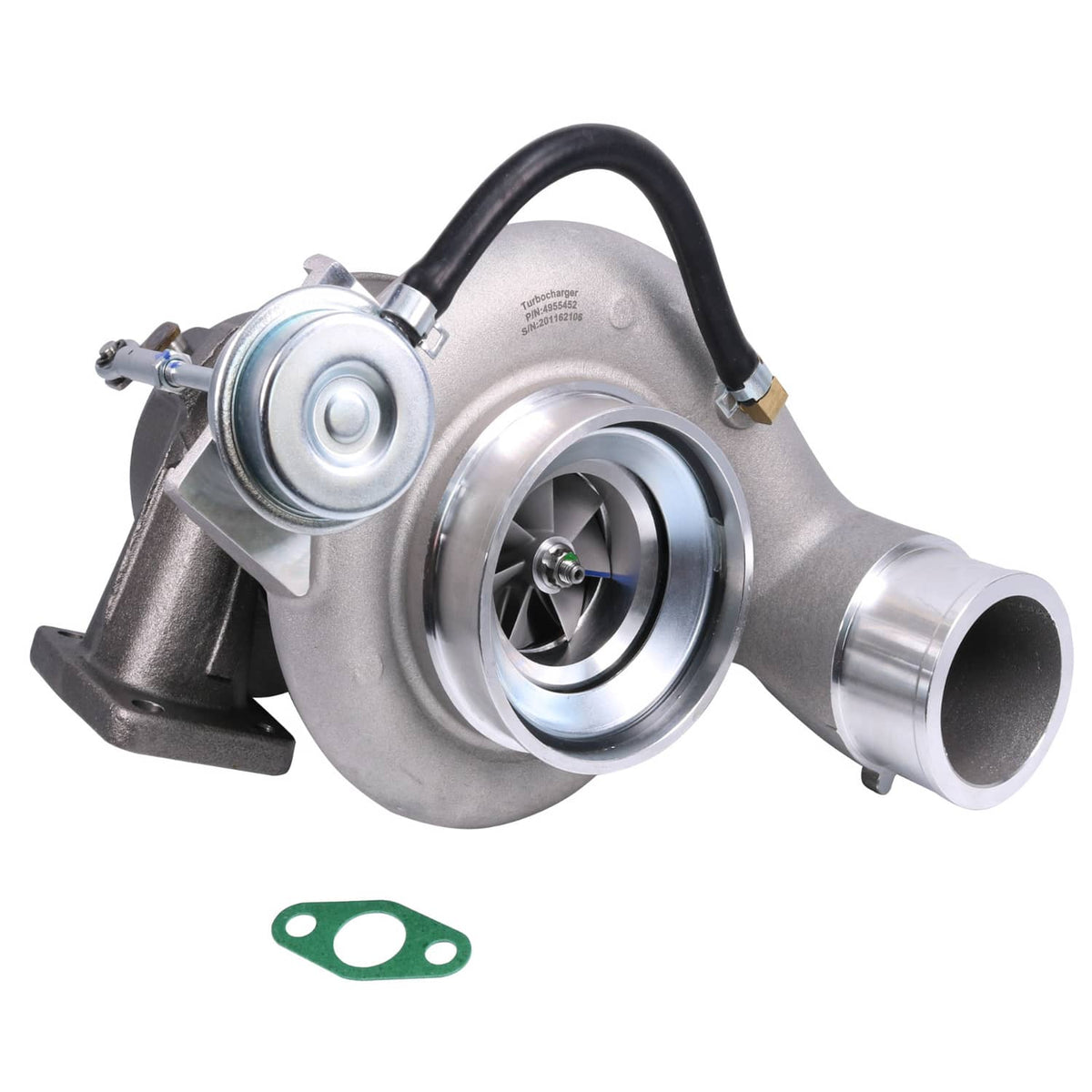 Turbocharger assembly with compressor housing, outlet pipe, and black rubber hose