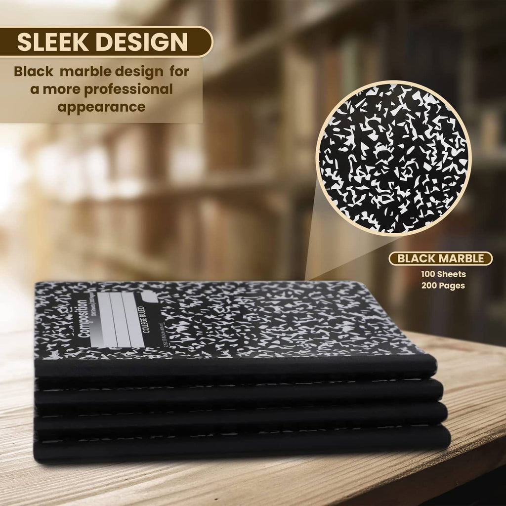 Stack of black marble-pattern composition notebooks, hard cover, college-ruled 200 pages