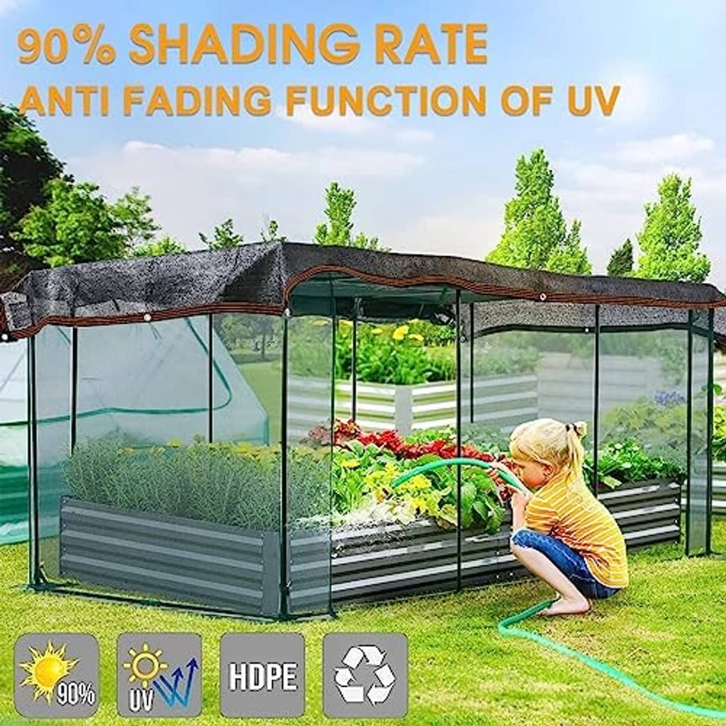 Dark mesh shade cloth cover with brown trim and metal eyelets along the top edge