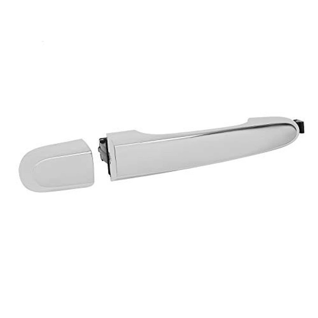 Silver exterior door handle with chrome bar and oval end pieces, side view