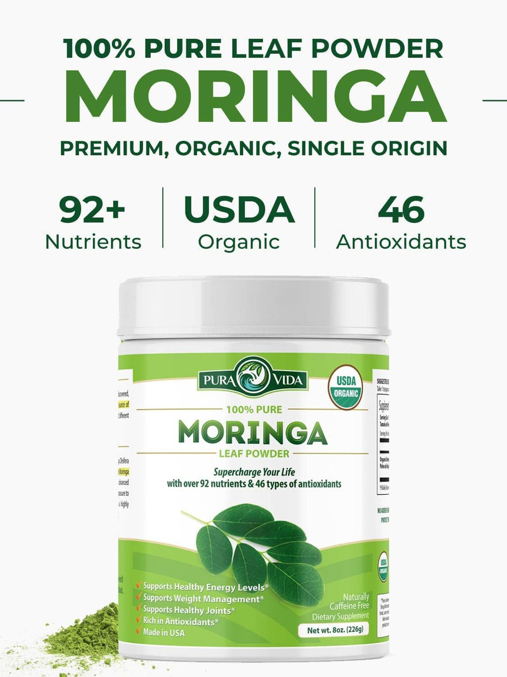 Organic moringa leaf powder jar, 100% pure, USDA organic, 92+ nutrients