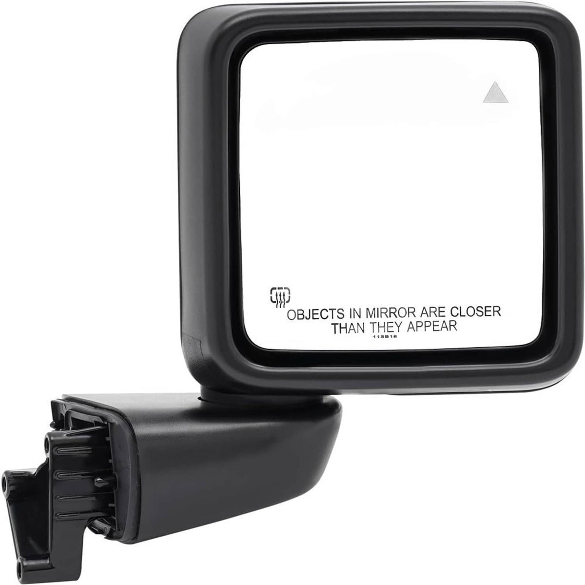Black side mirror with blind spot message text and arrow marker on glass