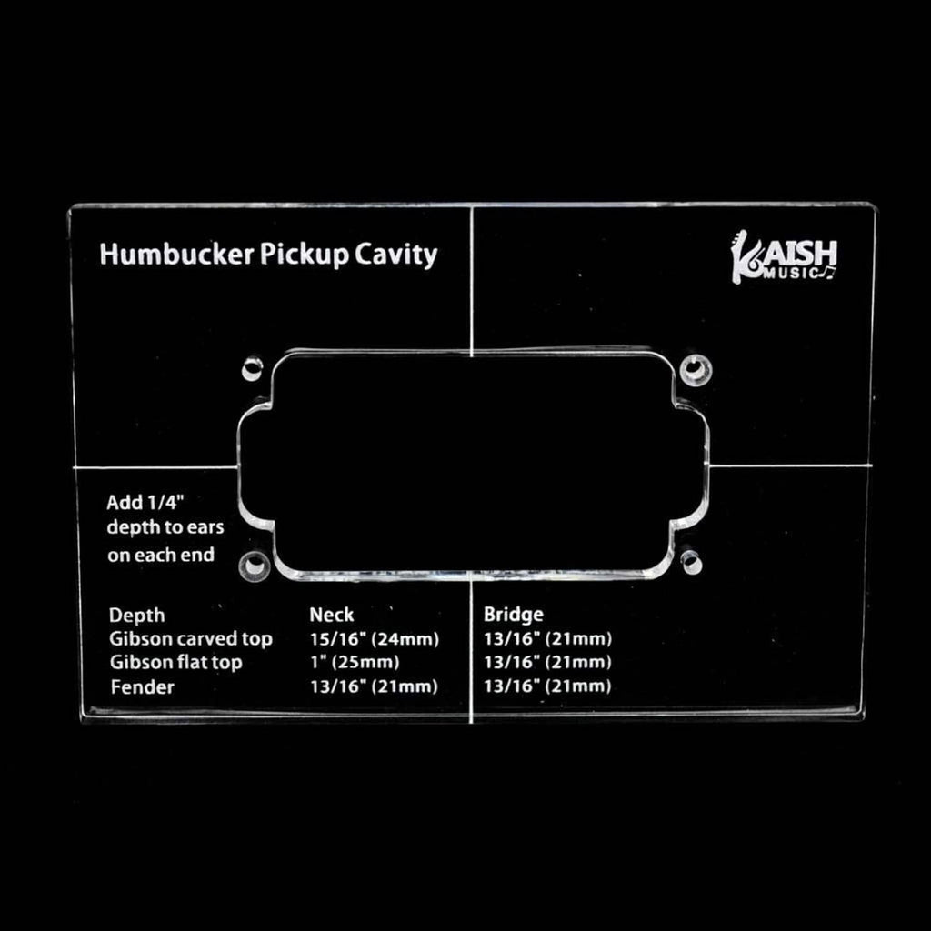 Kaish Music acrylic humbucker pickup cavity template, depth and hole size labels on clear plate