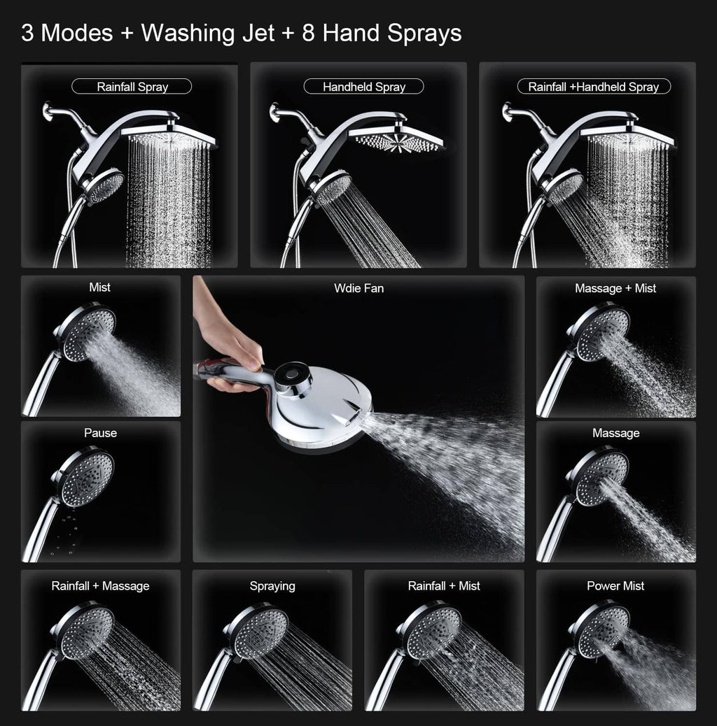 Shower head spray modes panel with rainfall, handheld, mist, massage, and pause