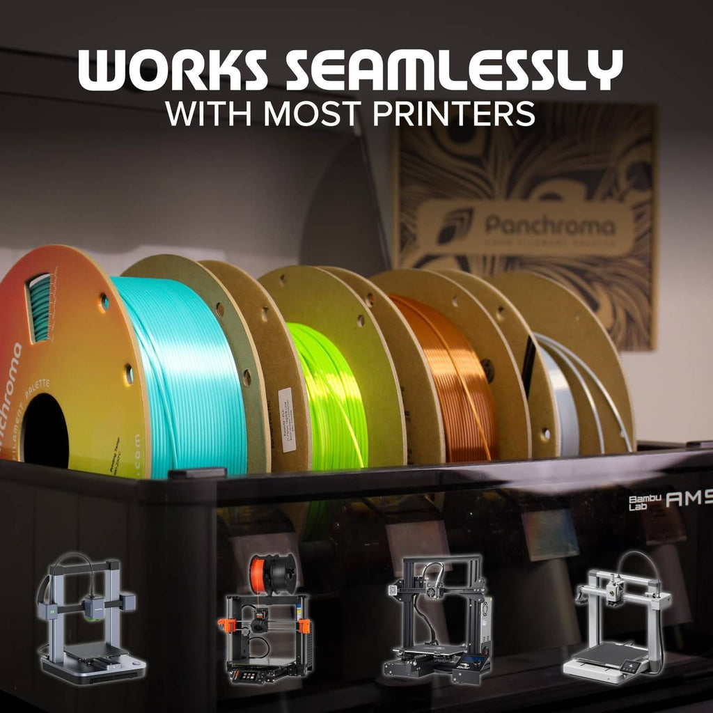 Multiple PLA filament spools lined up in different colors on a display