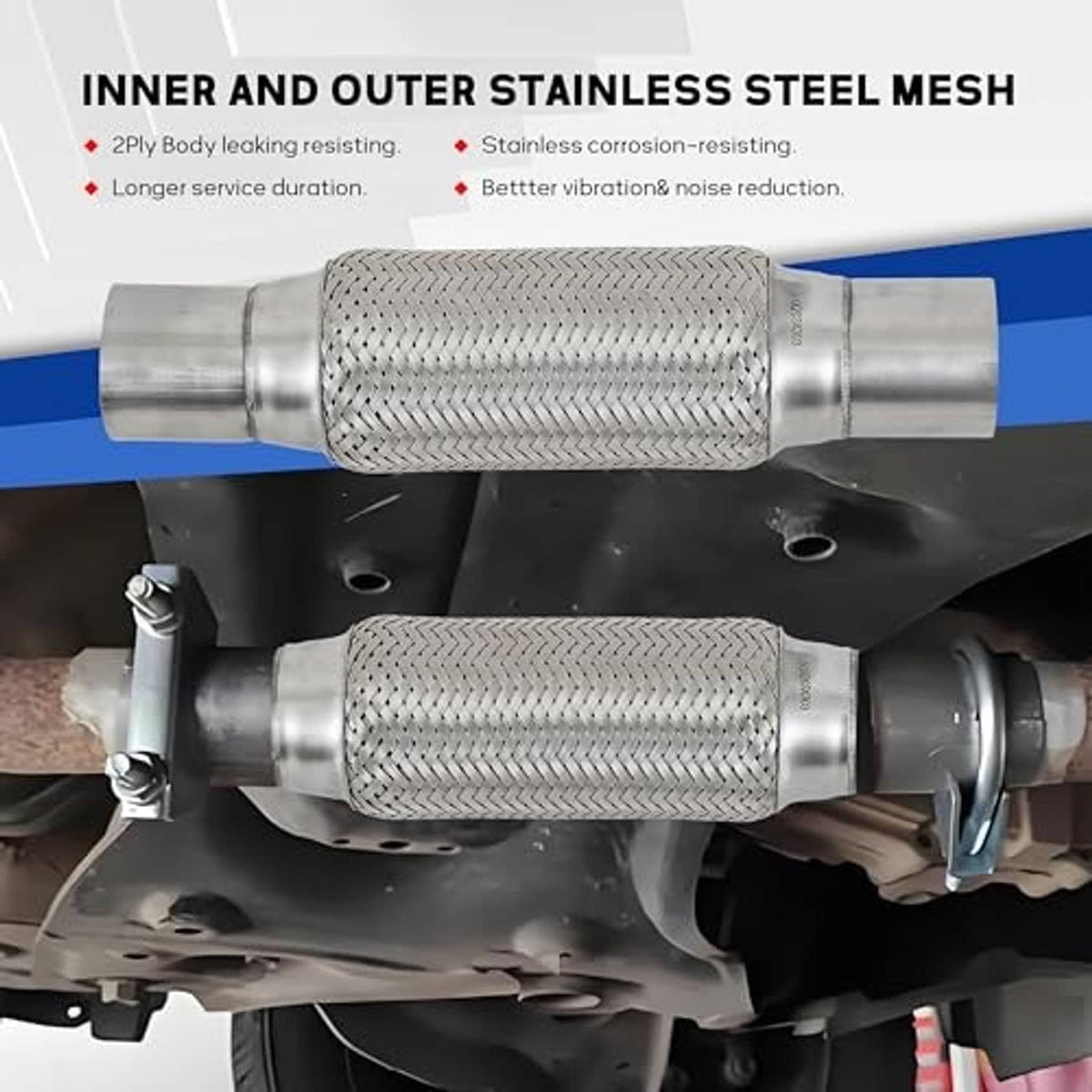 Stainless steel exhaust flex pipe installed under vehicle between metal exhaust parts