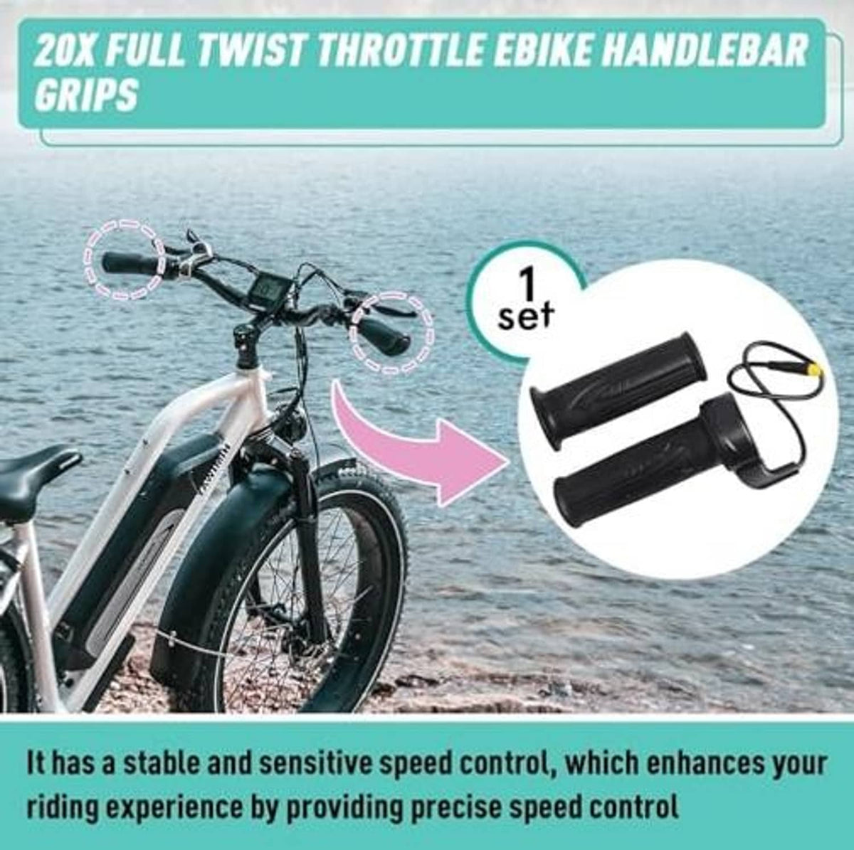 Pair of black twist throttle handlebar grips with wiring set for e-bikes