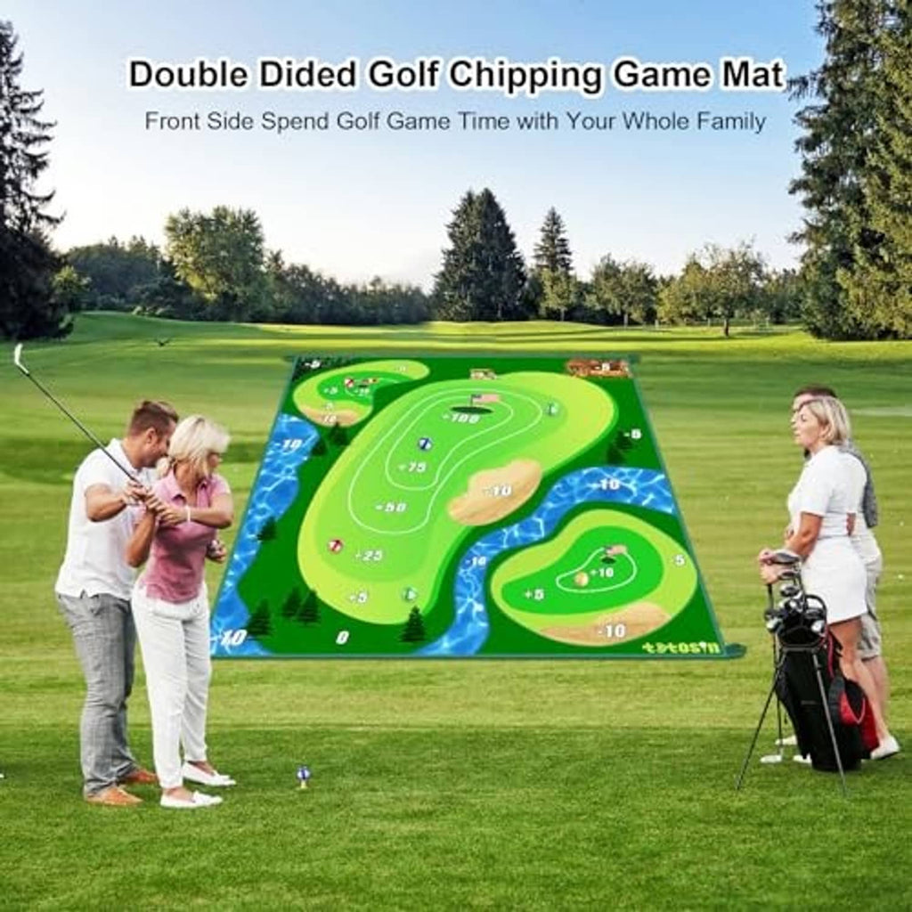 Double-sided golf practice mat spread flat on a lawn with numbered target layout