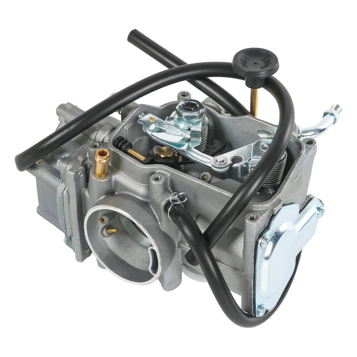 ATV carburetor assembly with intake horn, carb body, and fuel line fitting