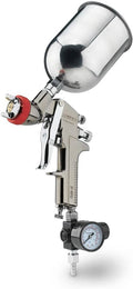 HVLP air spray gun with gravity feed paint cup and red trigger ring, with pressure gauge