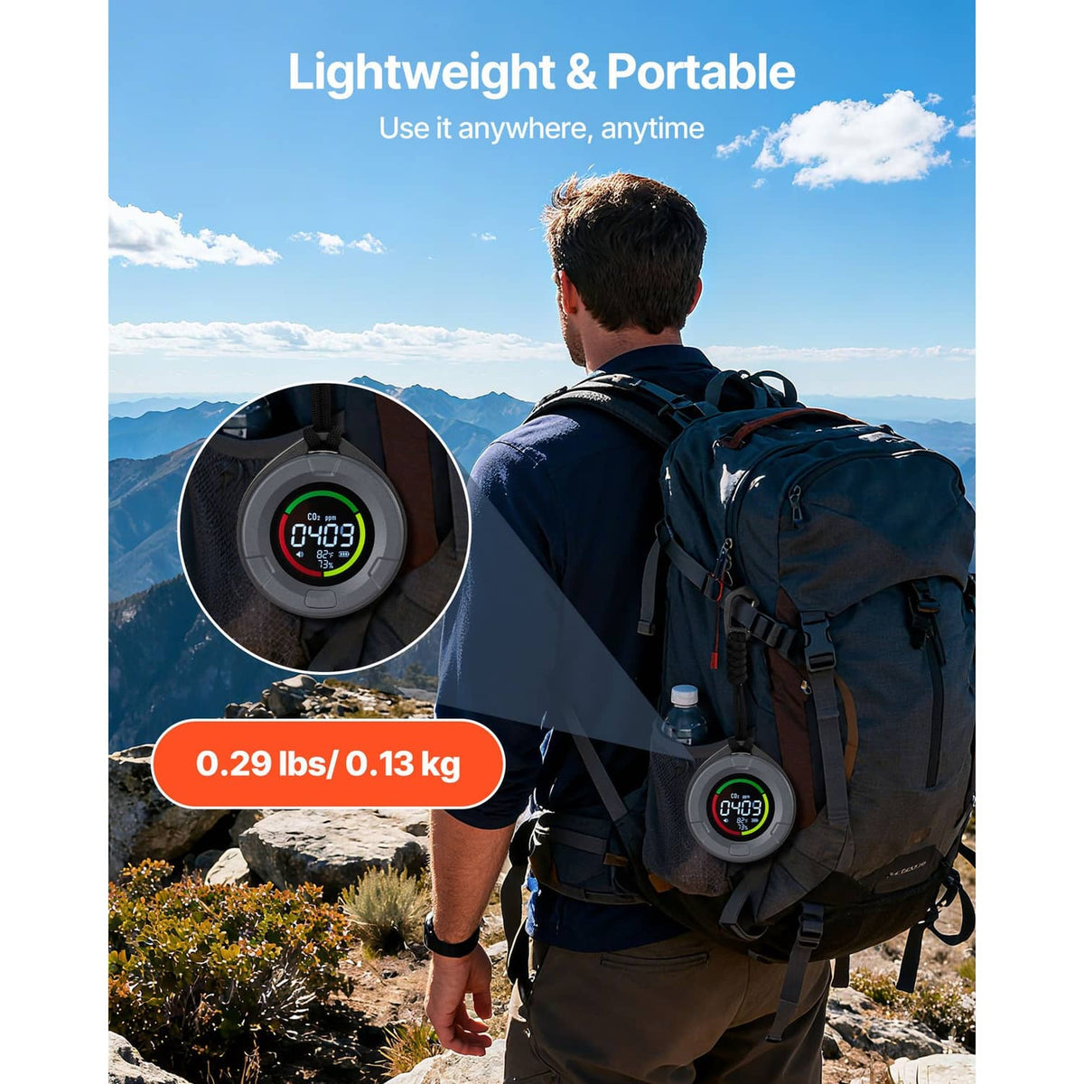 Carbon dioxide monitor and controller clipped to a backpack with CO2 ppm display