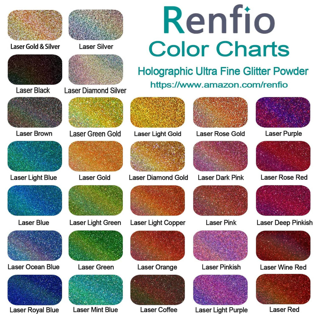 Renfio holographic ultra fine glitter powder color chart card with swatch grid