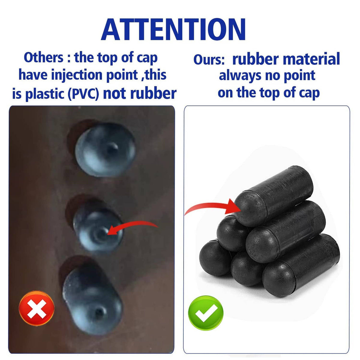 Stacked black rubber vacuum caps with smooth rounded tops, quantity shown