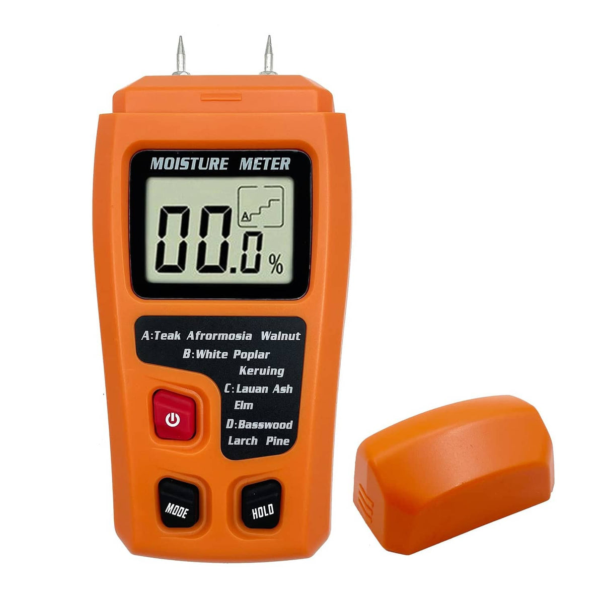 Orange digital moisture meter with LCD screen and dual probe pins