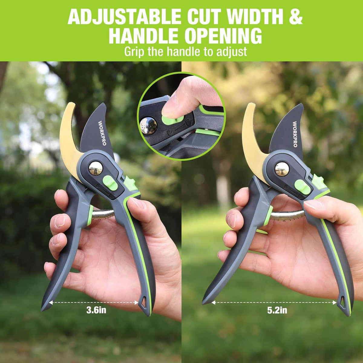 Bypass pruning shears with adjustable cut width and handle opening, black and green