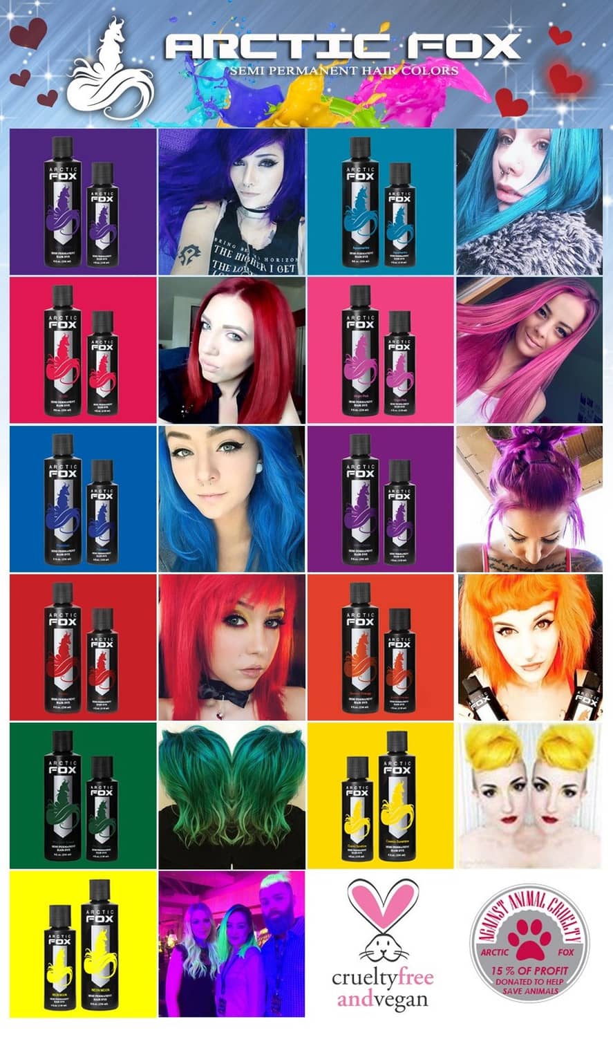 ARCTIC FOX hair dye color set collage with bottles and hairstyle swatches