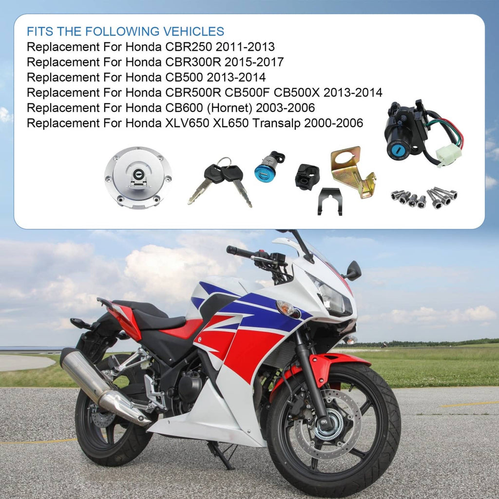 Ignition switch lock keys kit shown for motorcycle fit with key and cap components