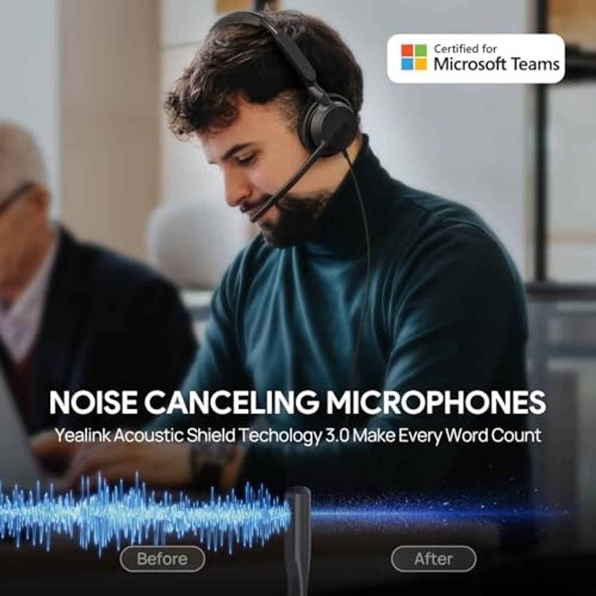 Over-ear headset with boom mic worn by man, inline control buttons visible