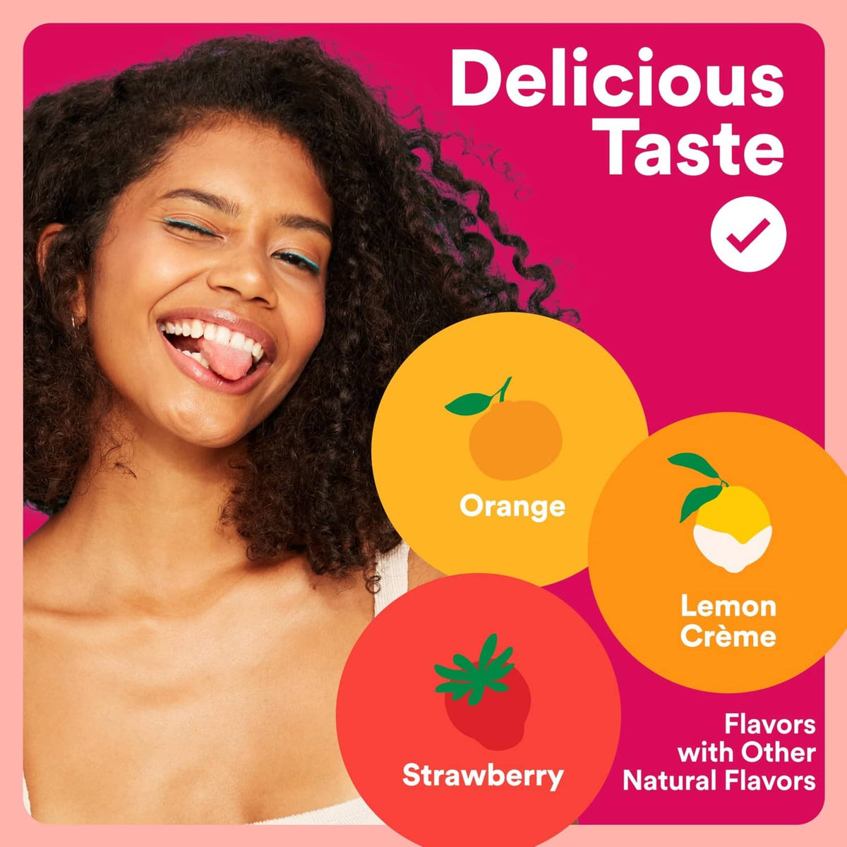 Young woman smiling with gummy flavor icons: strawberry, lemon creme, and orange