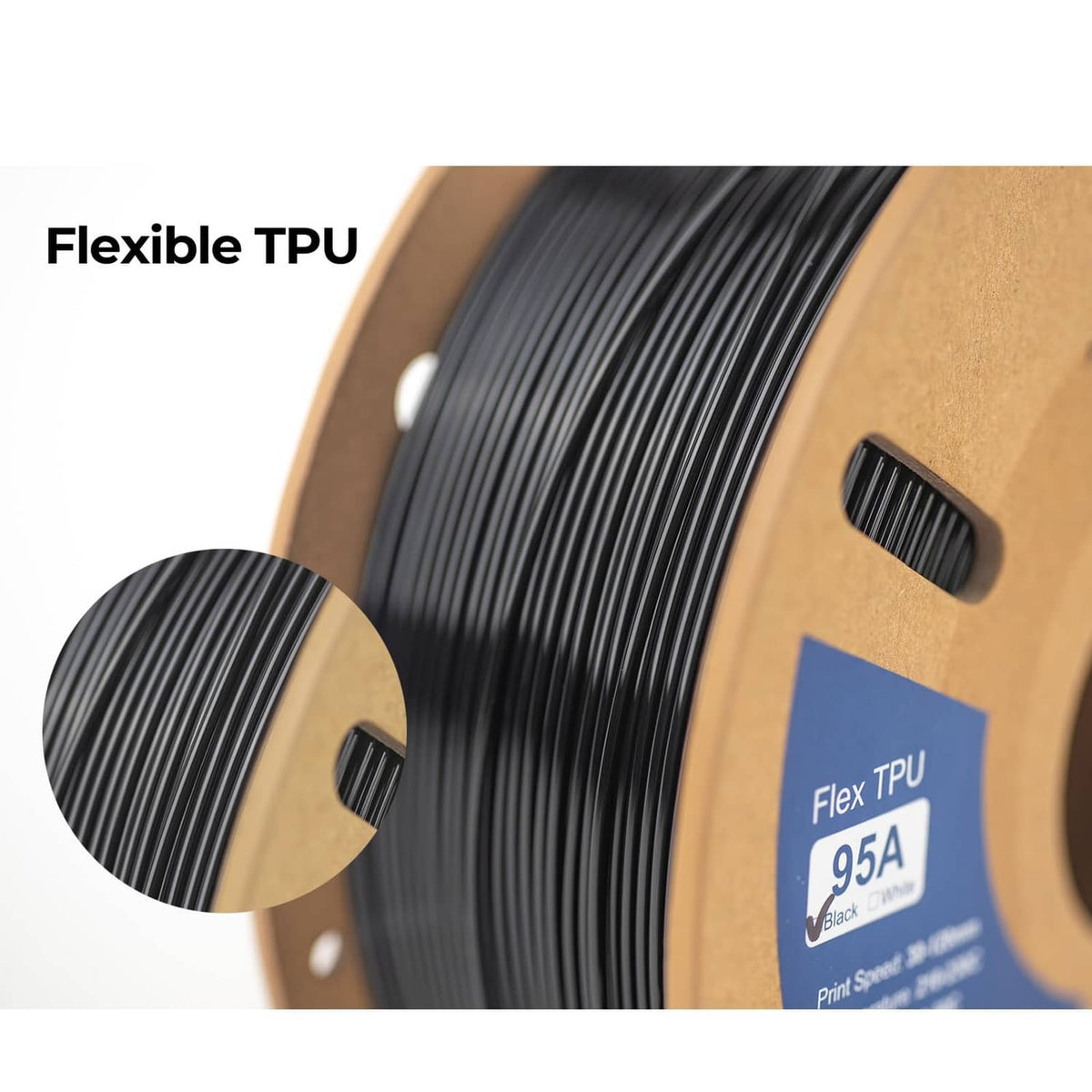 Close-up of black TPU filament wound on spool with visible strand coils