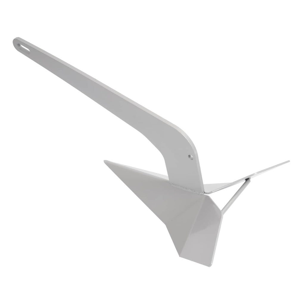 Triangular delta wing anchor with gray metal finish, long shank and fluke points