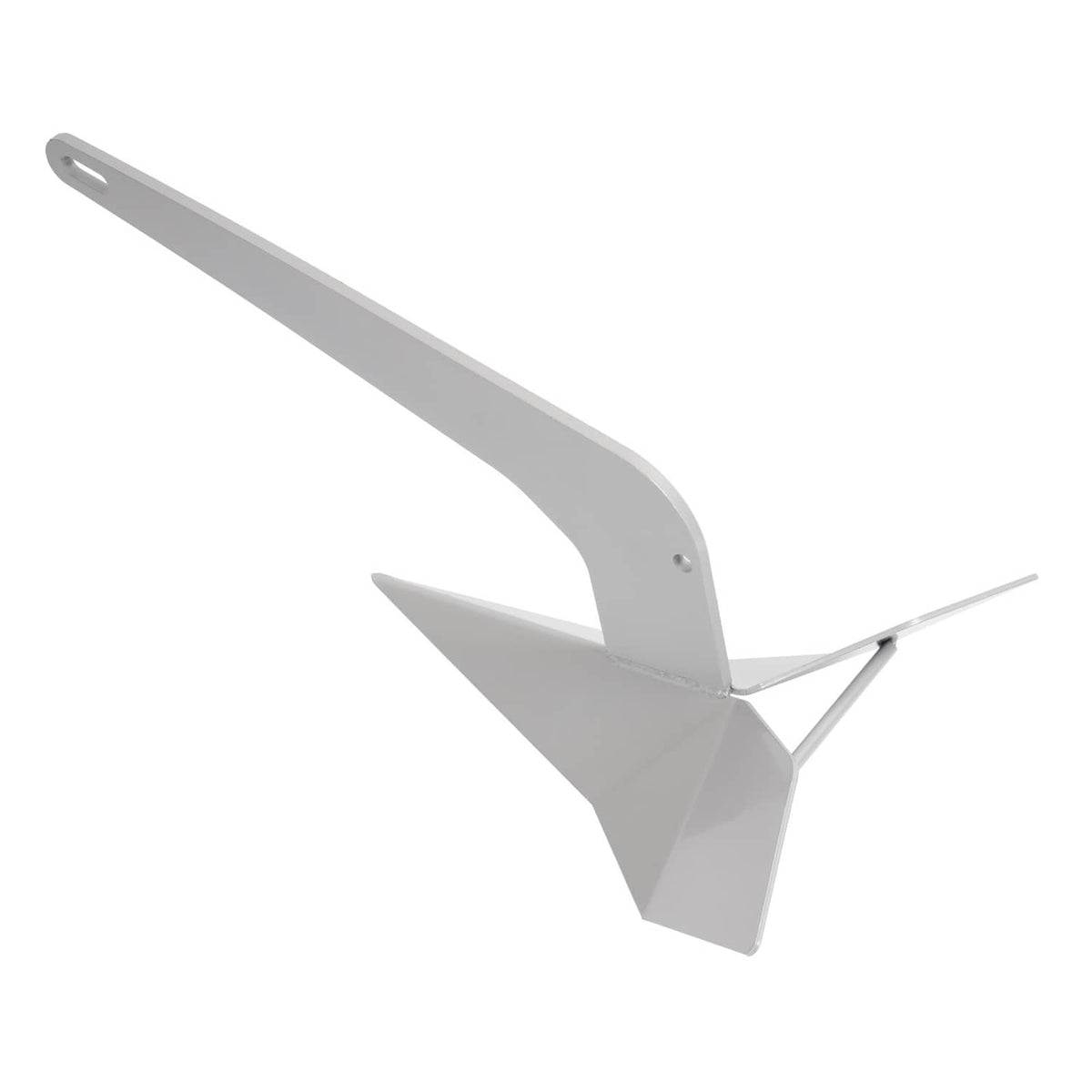 Triangular delta wing anchor with gray metal finish, long shank and fluke points