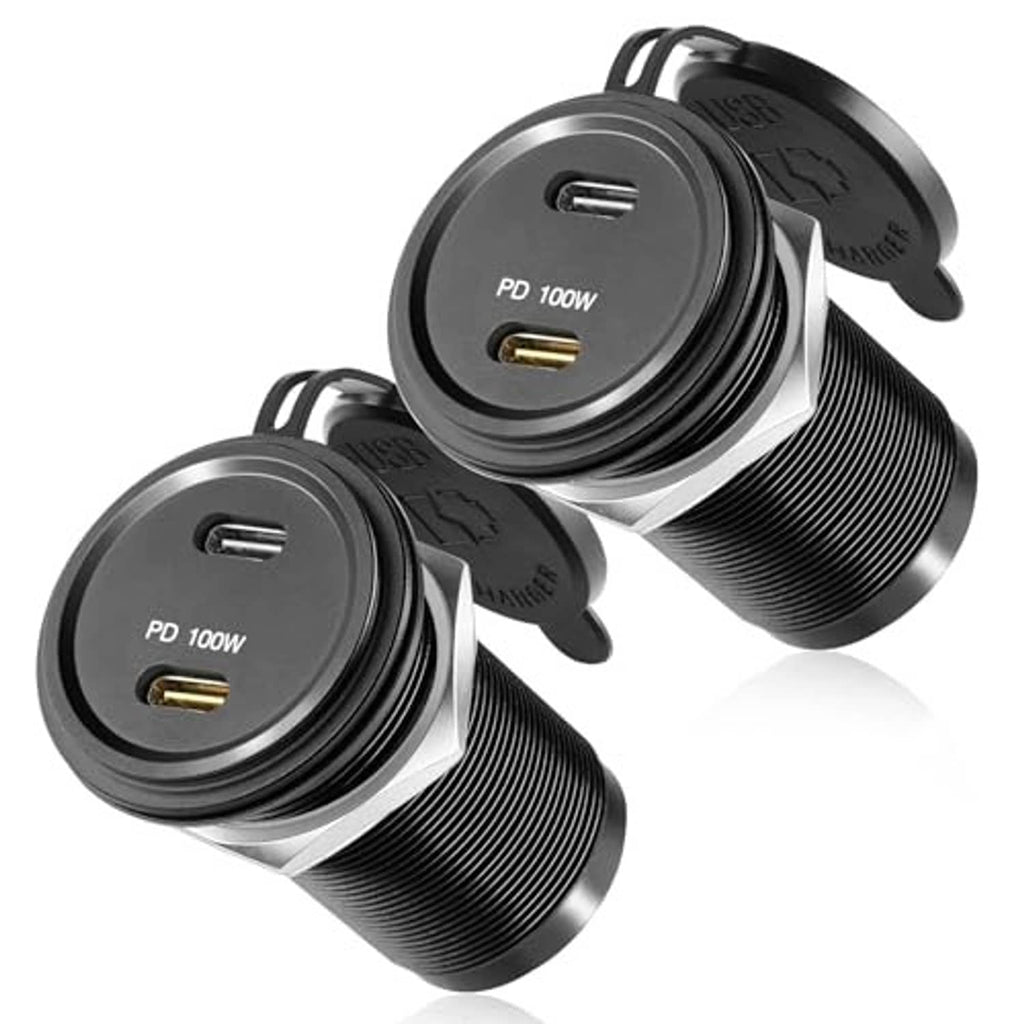 Two black USB-C PD car outlet adapters, stacked view, each with gold Type-C port