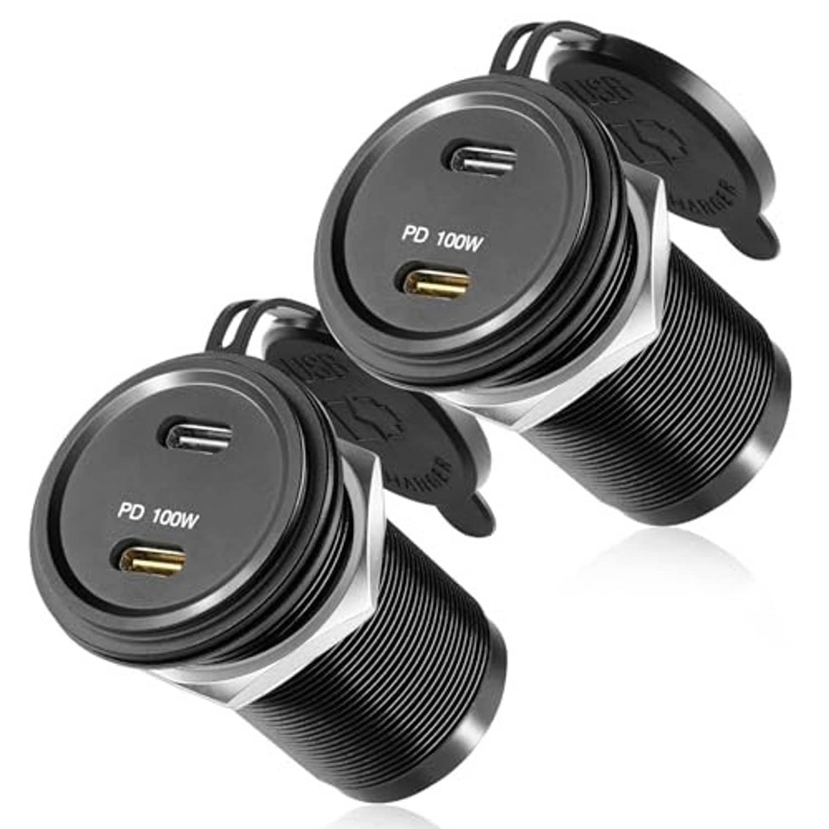 Two black USB-C PD car outlet adapters, stacked view, each with gold Type-C port