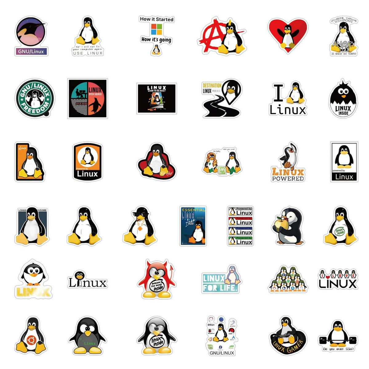 Sheet of assorted Linux waterproof stickers, including penguins, icons, and heart symbols