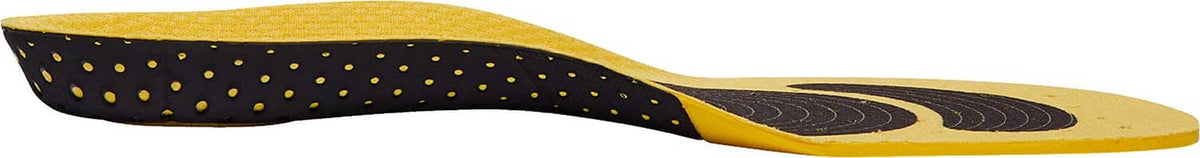 Side view of yellow shock-absorbing insole with black arch support and thin edge