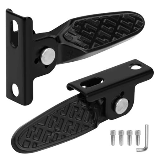 Black foldable scooter foot pegs with textured non-slip tread, mounting bracket and hardware